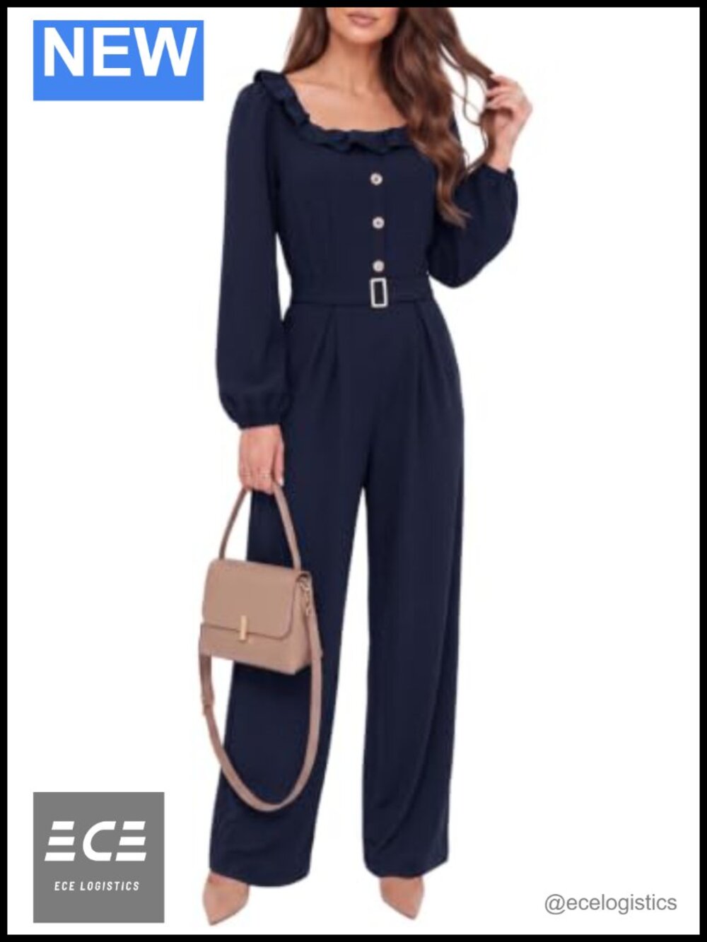 Pink Queen Dressy Jumpsuit Square Neck Ruffle Trim Puff Sleeve Party Work